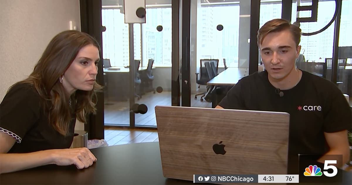 The interview setup in a WeWork office in Chicago's River North.