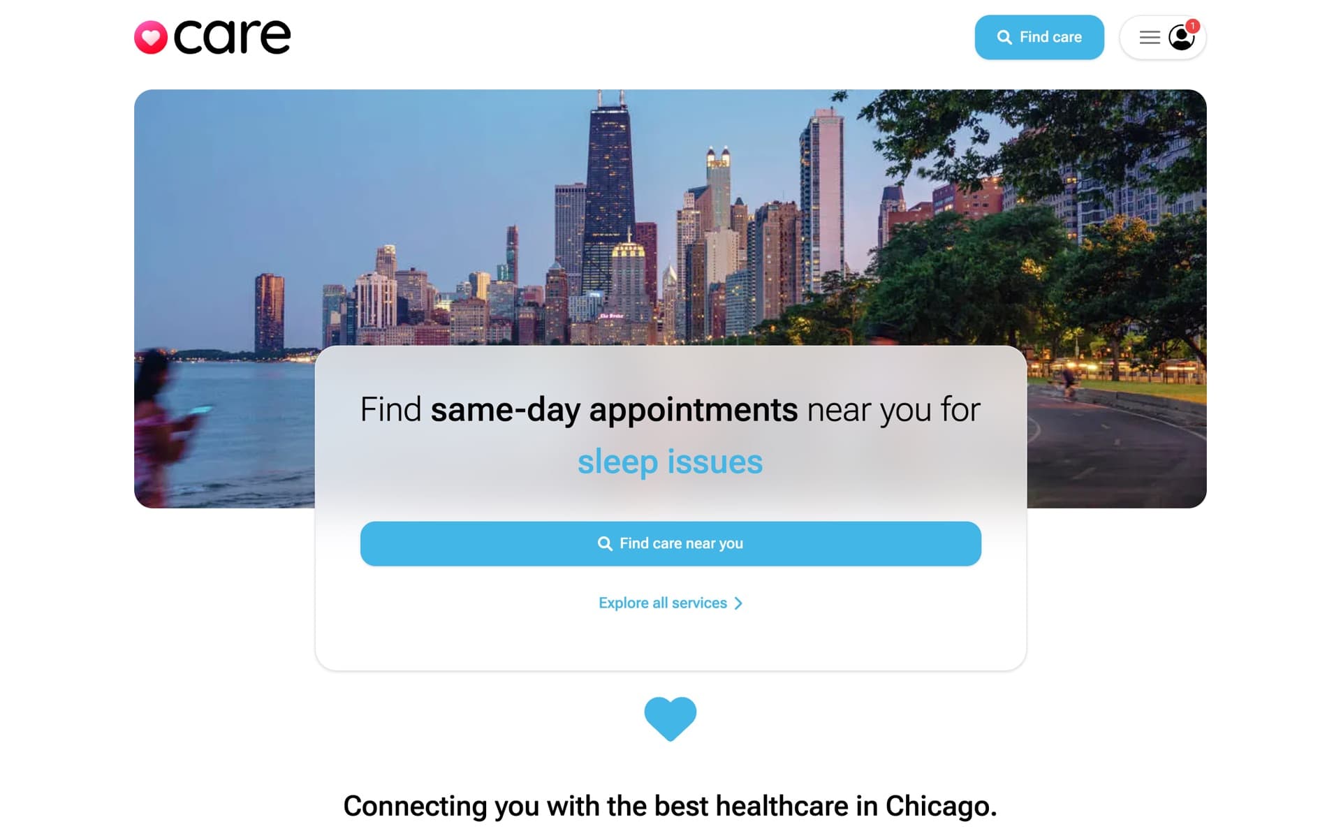 The Chicago.care home page: Find same-day appointments near you, over the Chicago skyline.
