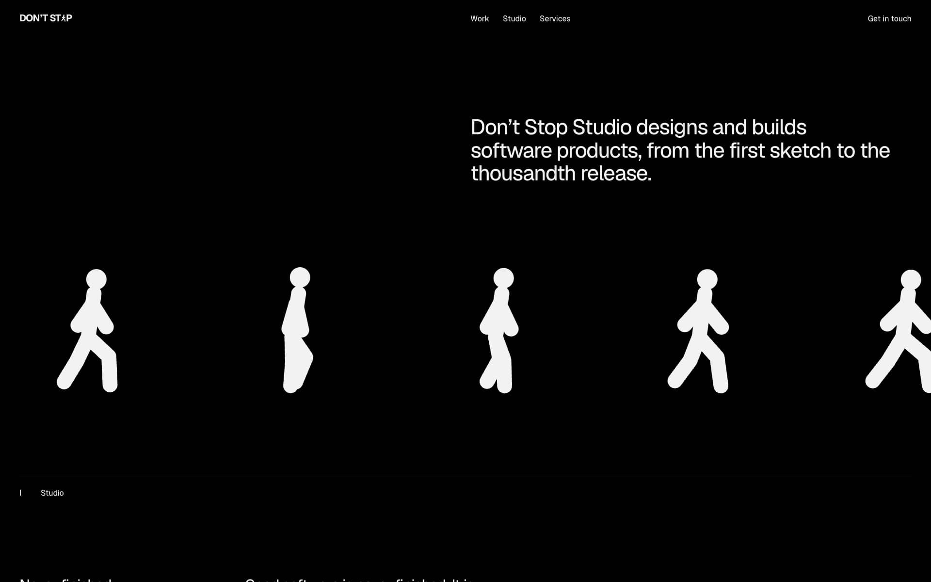 The Don't Stop Studio home page: the studio statement over a row of walking figures on black.