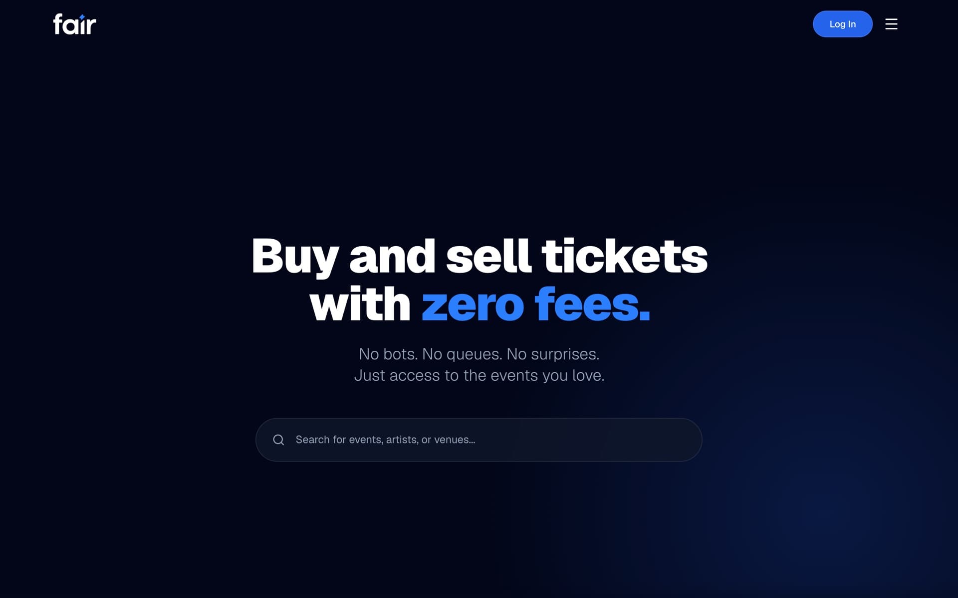 The Fair home page: Buy and sell tickets with zero fees, above a search bar for events, artists, and venues.