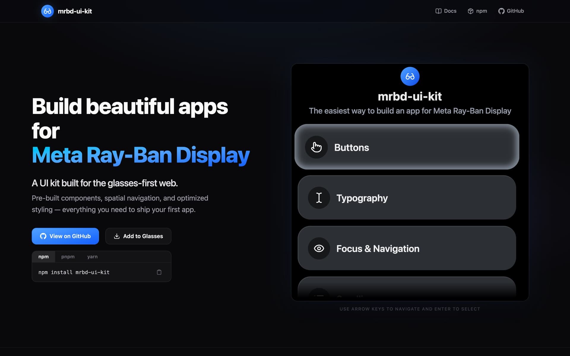 The mrbd-ui-kit site: Build beautiful apps for Meta Ray-Ban Display, beside a demo rendered inside a glasses-sized frame.