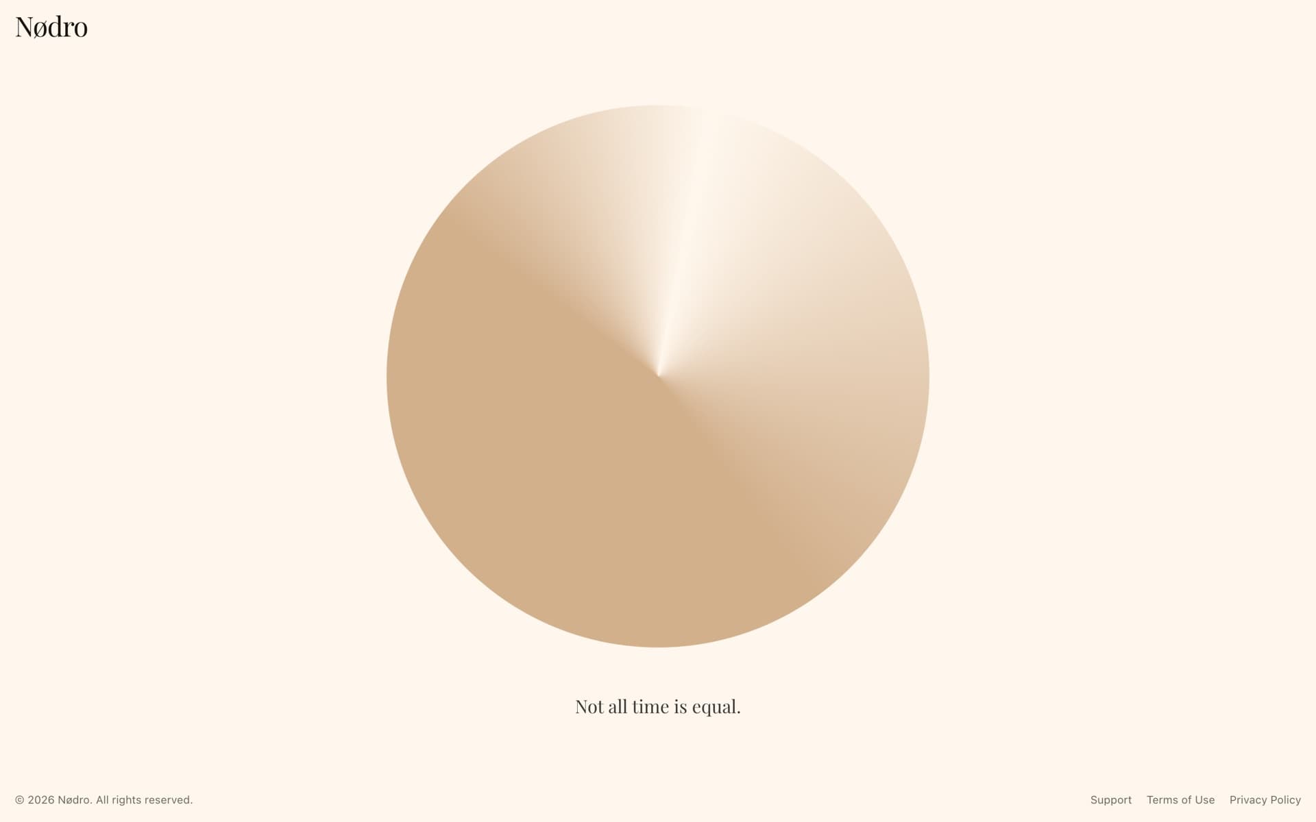 The Nødro home page: a large sundial on cream with the line Not all time is equal.