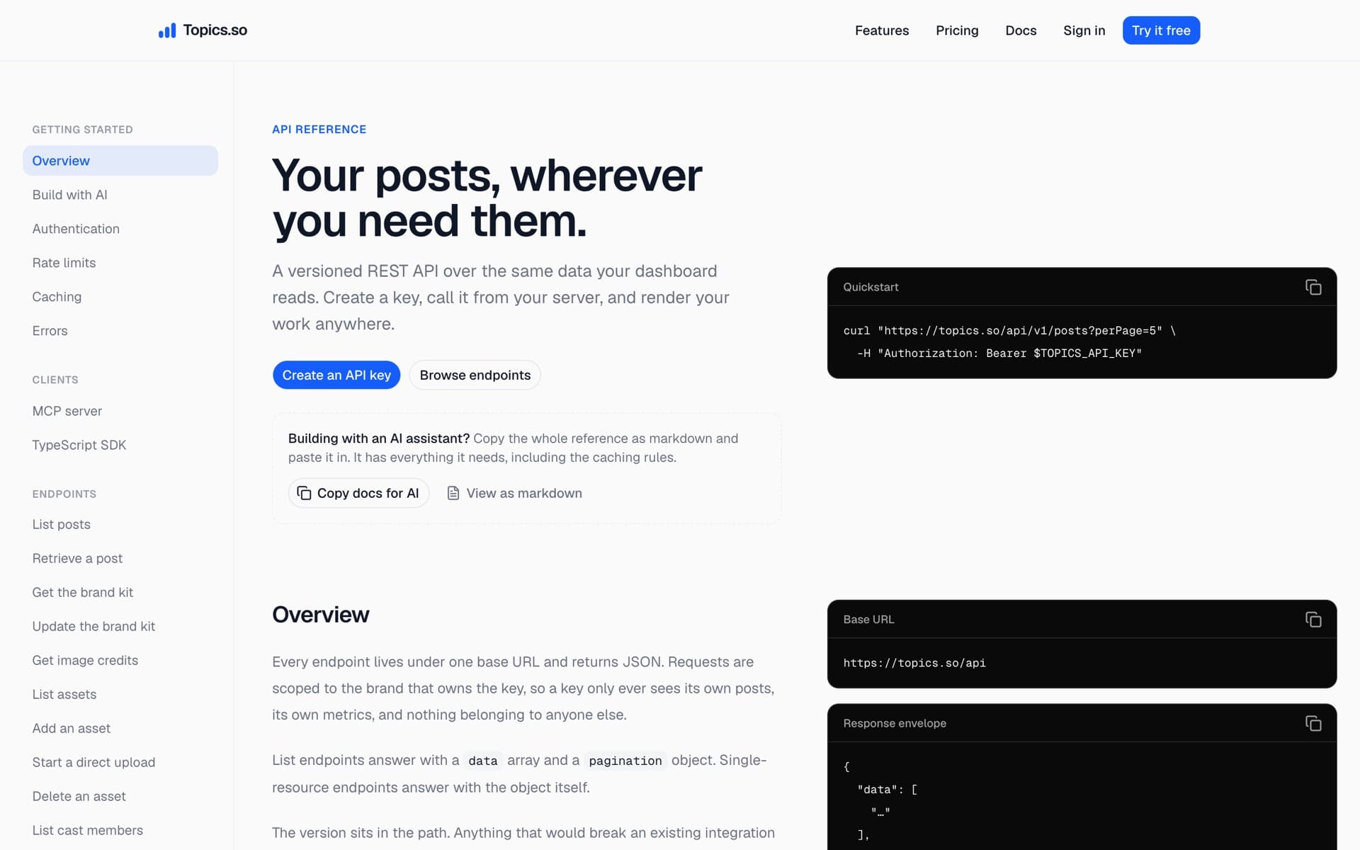 The Topics.so API reference page.