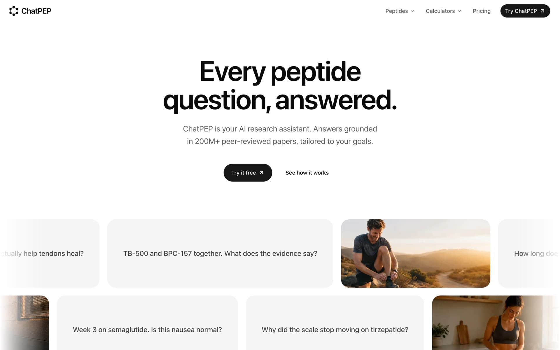 The ChatPEP landing page: the headline Every peptide question, answered, above a grid of real questions people ask.