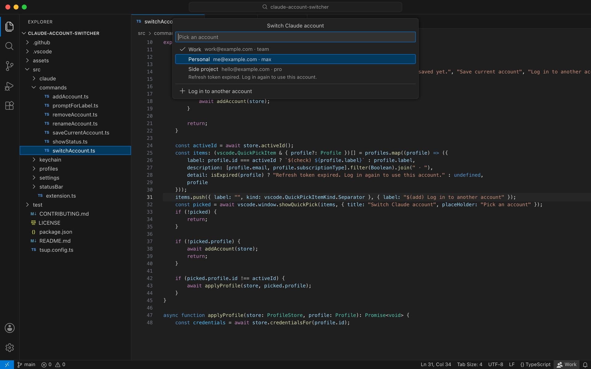 VS Code with the Switch Claude account picker open, listing Work as the active account, Personal, and Side project with an expired refresh token, above an option to log in to another account. The status bar shows Work.