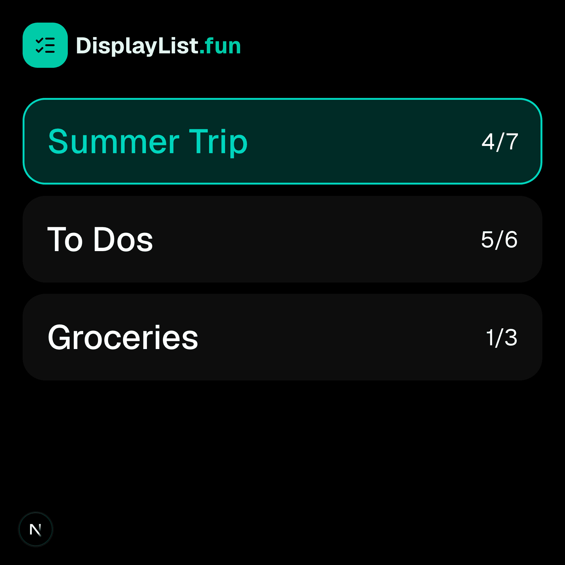 The DisplayList glasses view showing three lists: Summer Trip, To Dos, and Groceries, with the first one focused.
