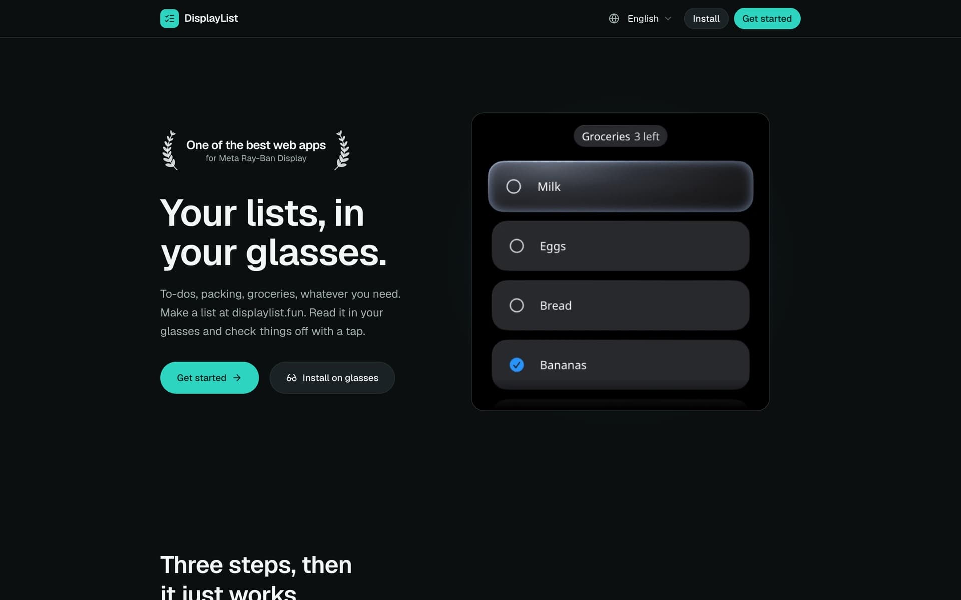 The DisplayList.fun home page: a laurel badge reading One of the best web apps for Meta Ray-Ban Display, the headline Your lists, in your glasses, and Get started and Install on glasses buttons beside a mock of the glasses screen showing a grocery list.
