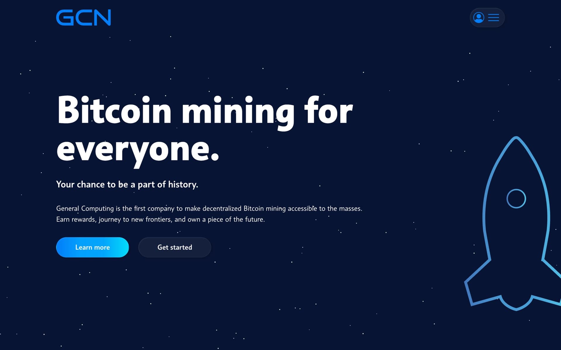 The General Computing home page: Bitcoin mining for everyone, with a line-drawn rocket over a starfield.