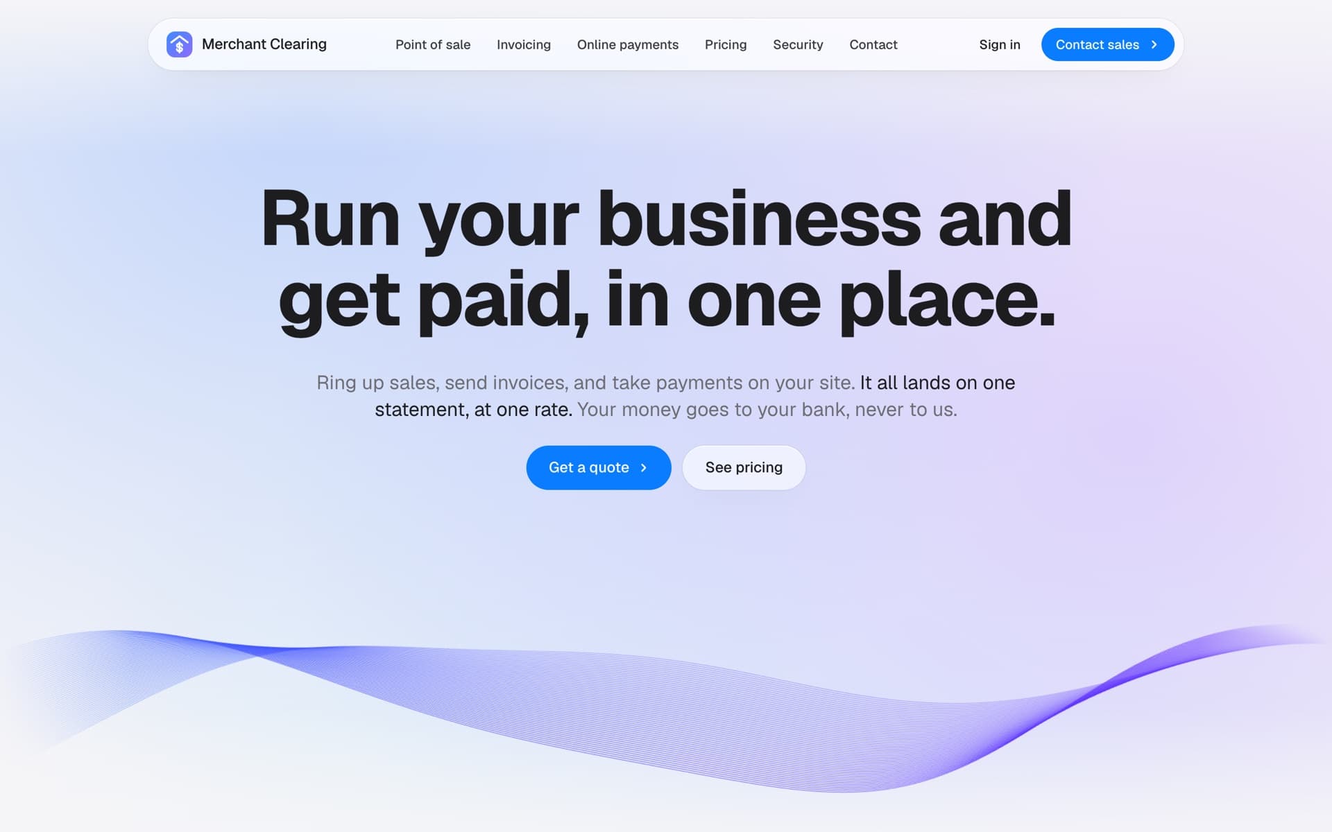 The Merchant Clearing home page: Run your business and get paid, in one place, over a wave of fine blue and violet lines.